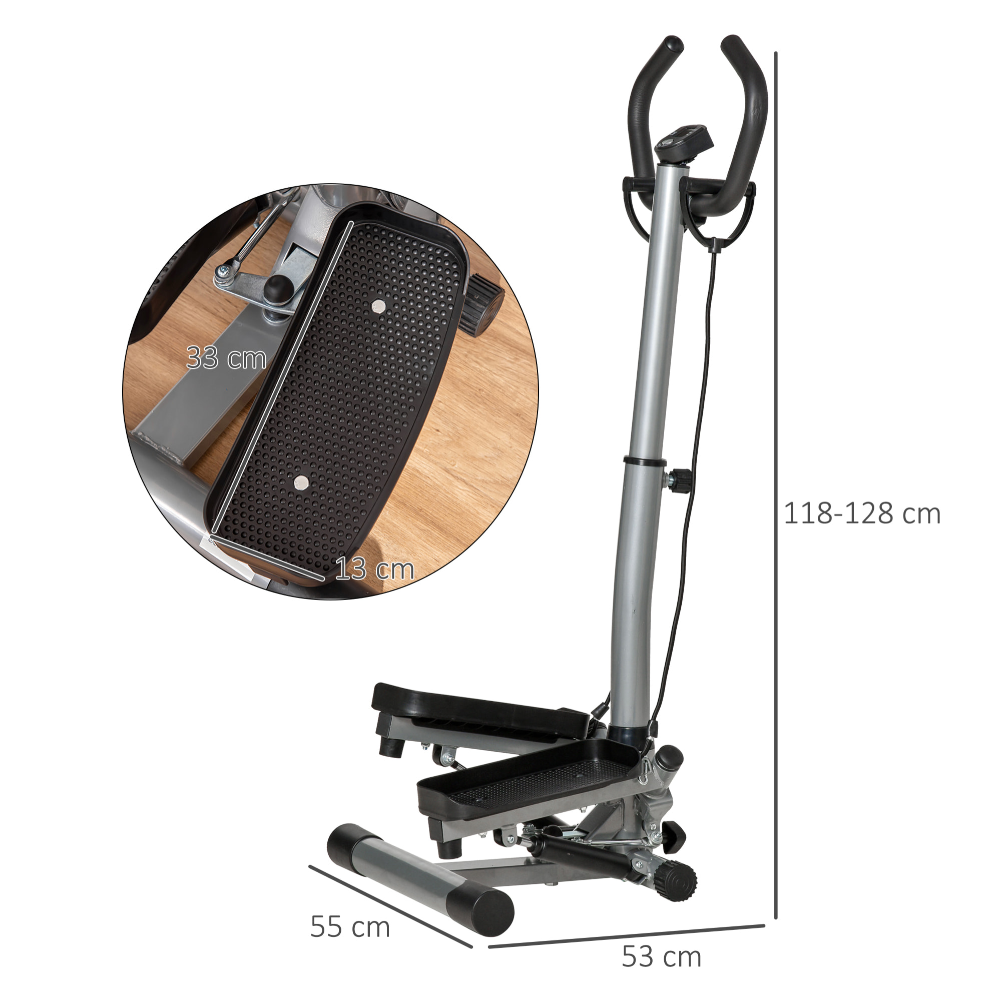 Stepper fitness avec guidon ergonomique réglable et écran LCD - bandes de résistance - gris noir