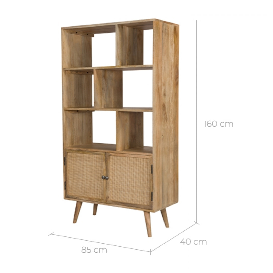 Etagère 6 niches 2 portes en cannage et bois de manguier - Cody