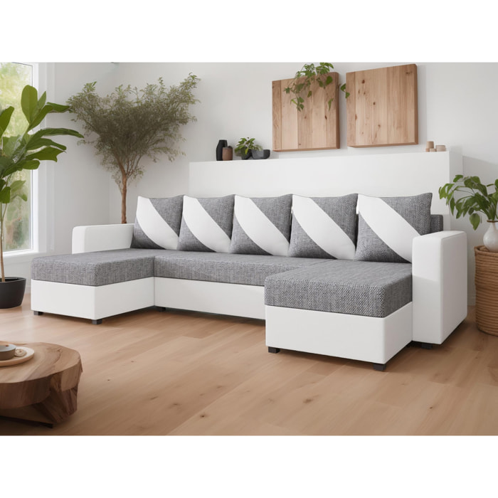 Romy - canapé panoramique en U - 7 places - convertible avec coffre - en tissu et PU - Blanc / Gris