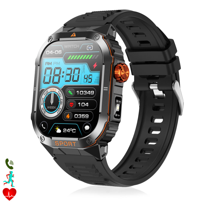 Smartwatch D16 con corona multifunción inteligente, más de 100 modos deportivos, monitoreo de salud y linterna.