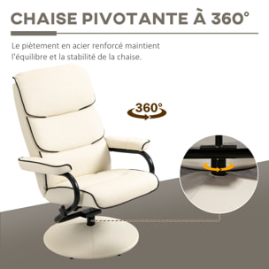 Fauteuil relax inclinable pivotant avec repose-pieds liserets noir synthétique crème