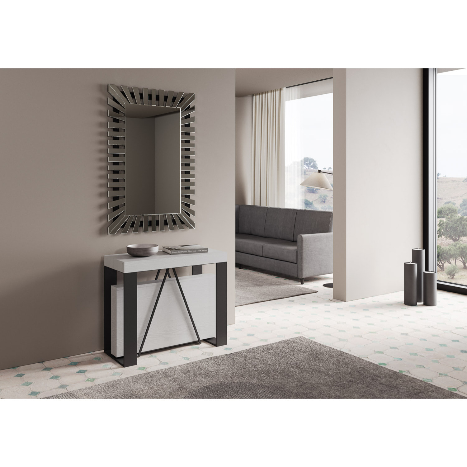 Console extensible 90x40/196 cm Zamat Small frêne blanc cadre anthracite