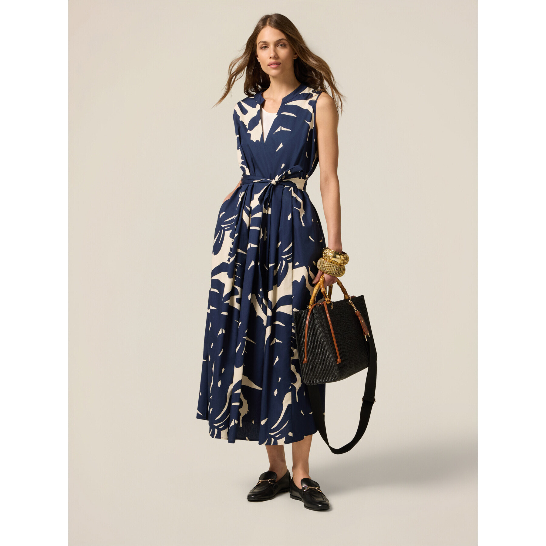 Oltre - Vestido flare en popelina estampada - Azul