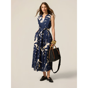 Oltre - Vestido flare en popelina estampada - Azul