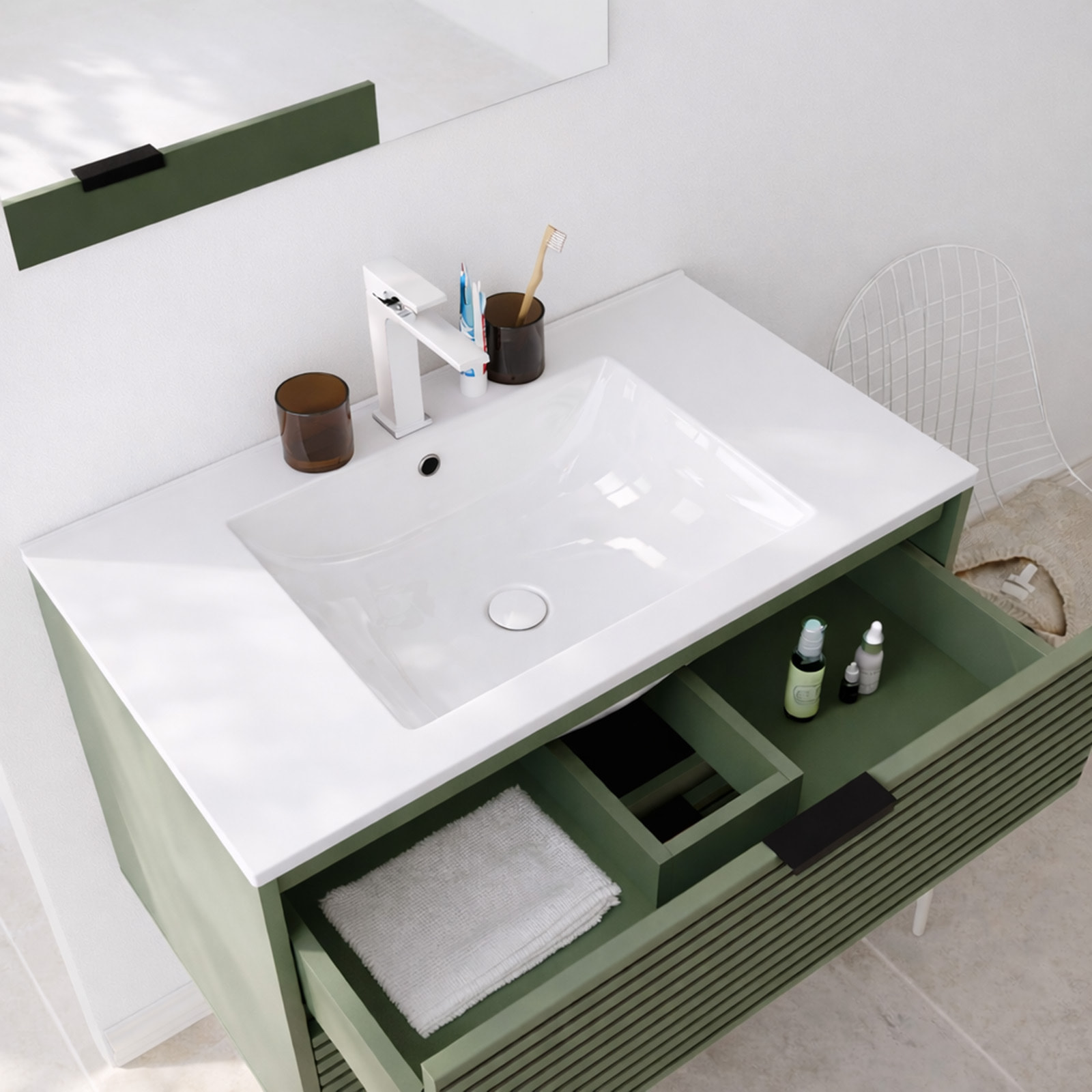 Meuble Salle de Bain Cranté Vert et Noir 80cm - 2 Tiroirs, Vasque et Miroir - MALO