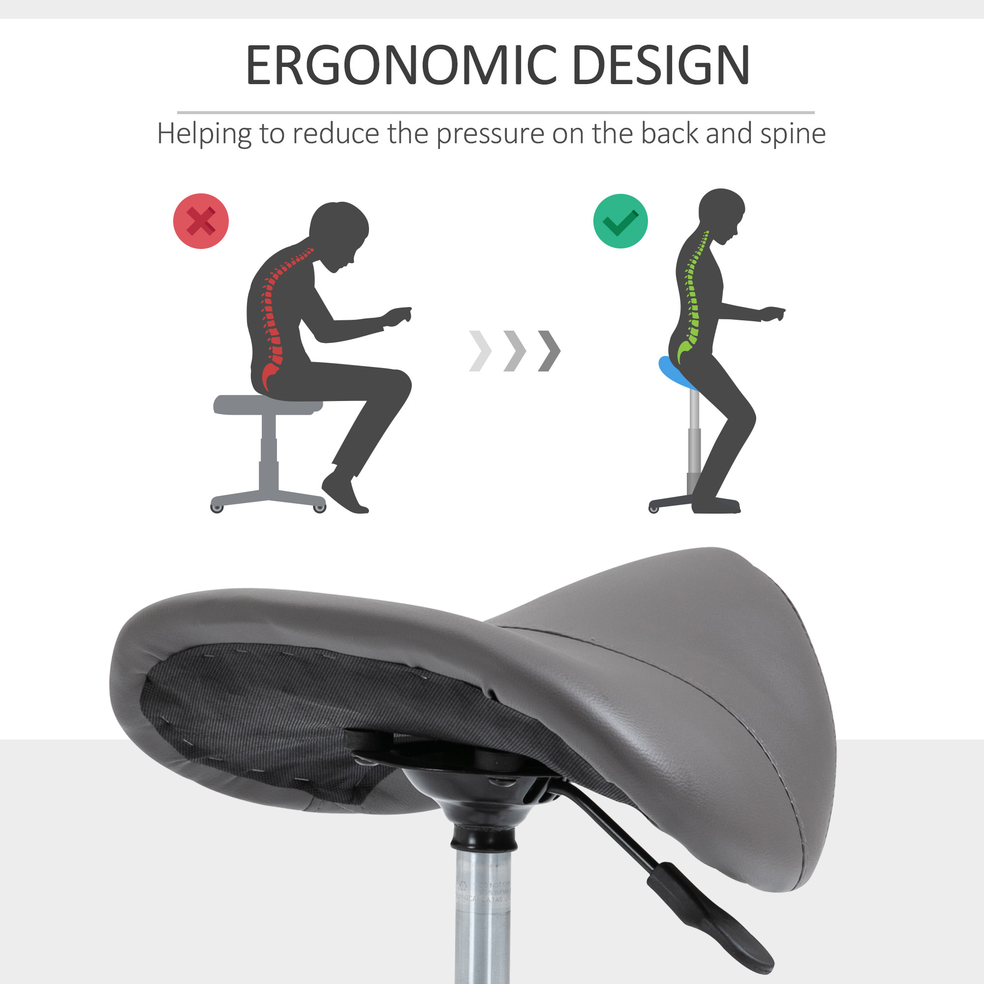 Tabouret de massage tabouret selle ergonomique pivotant 360° hauteur réglable revêtement synthétique gris chromé