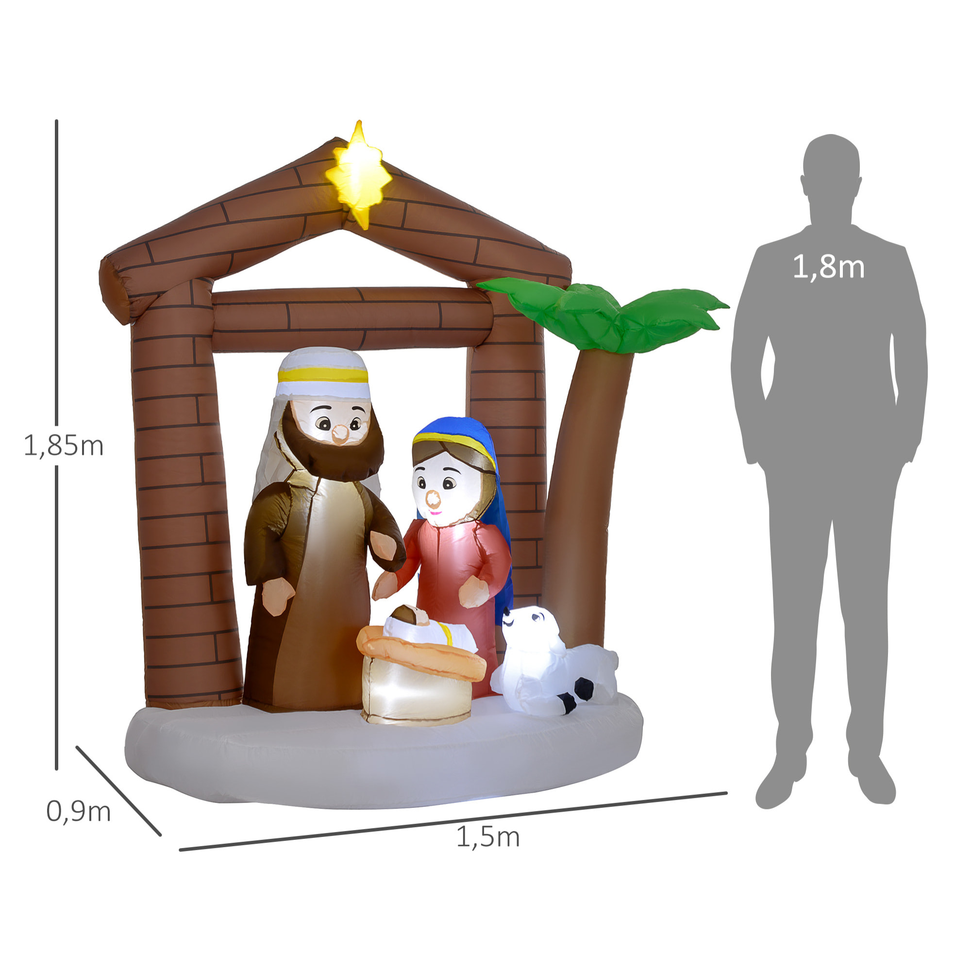 Belén Inflable Navideño Decoración Inflable Navideña con Luces LED e Inflador Hinchable Navidad para Exterior 150x90x185 cm Multicolor
