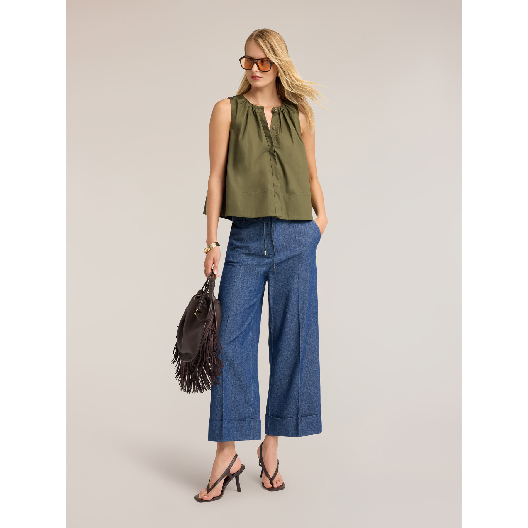 Motivi - Blusa de popelín con drapeado - Verde militare