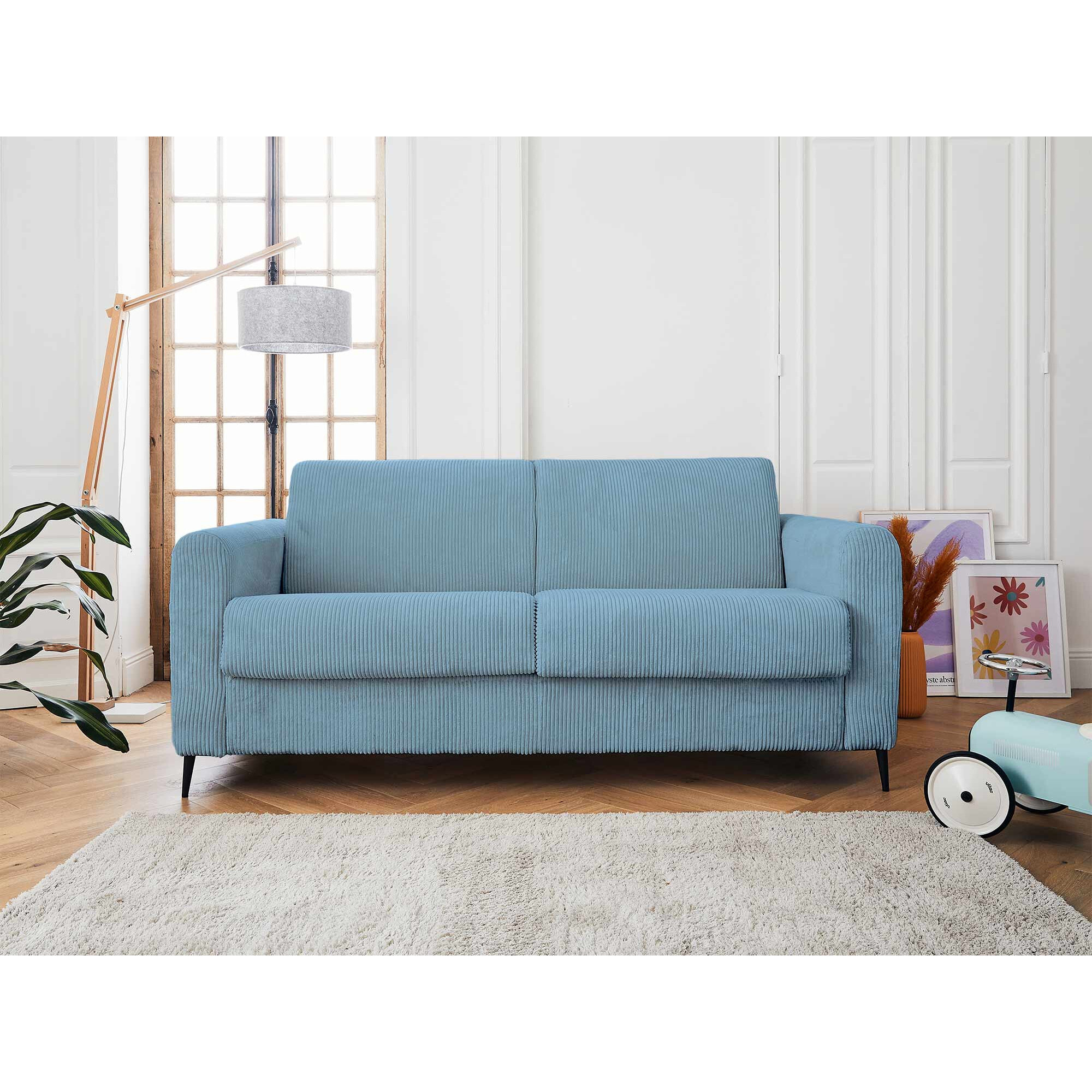 Owen - canapé lit 3 places convertible express couchage quotidien 140 cm matelas 12 cm en velours côtelé - Bleu grisé