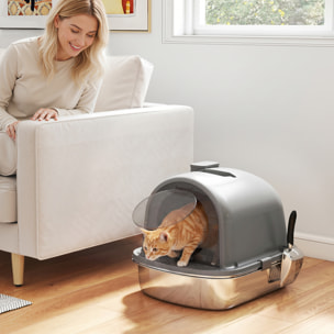 Arenero para Gatos Cubierto de Acero Inoxidable, Caja de Arena para Gatos, Arenero con Bolsa Desodorizante, Pala, Control de Olores, Antiadherente y Fácil de Limpiar, Gris Oscuro