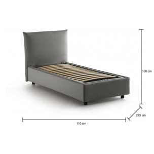 Letto singolo Marina, Letto contenitore con rivestimento in tessuto, 100% Made in Italy, Apertura laterale, adatto per materasso Cm 80x190, Grigio