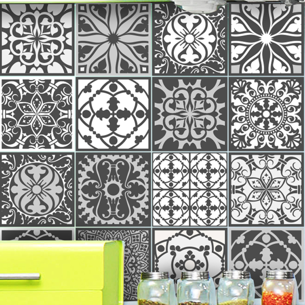 Stickers muraux - Sticker Mural Carrelage adhésif Cuisine Salle de Bain - 16 STICKERS CARRELAGES AZULEJOS ORIGINAUX NUANCE GRIS