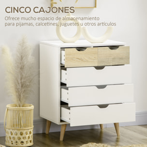 Cómoda con 5 Cajones Cajonera de Armario con Patas Elevadas para Dormitorio Salón Estudio Estilo Moderno Antivuelco 60x40x77,5 cm Natural y Blanco