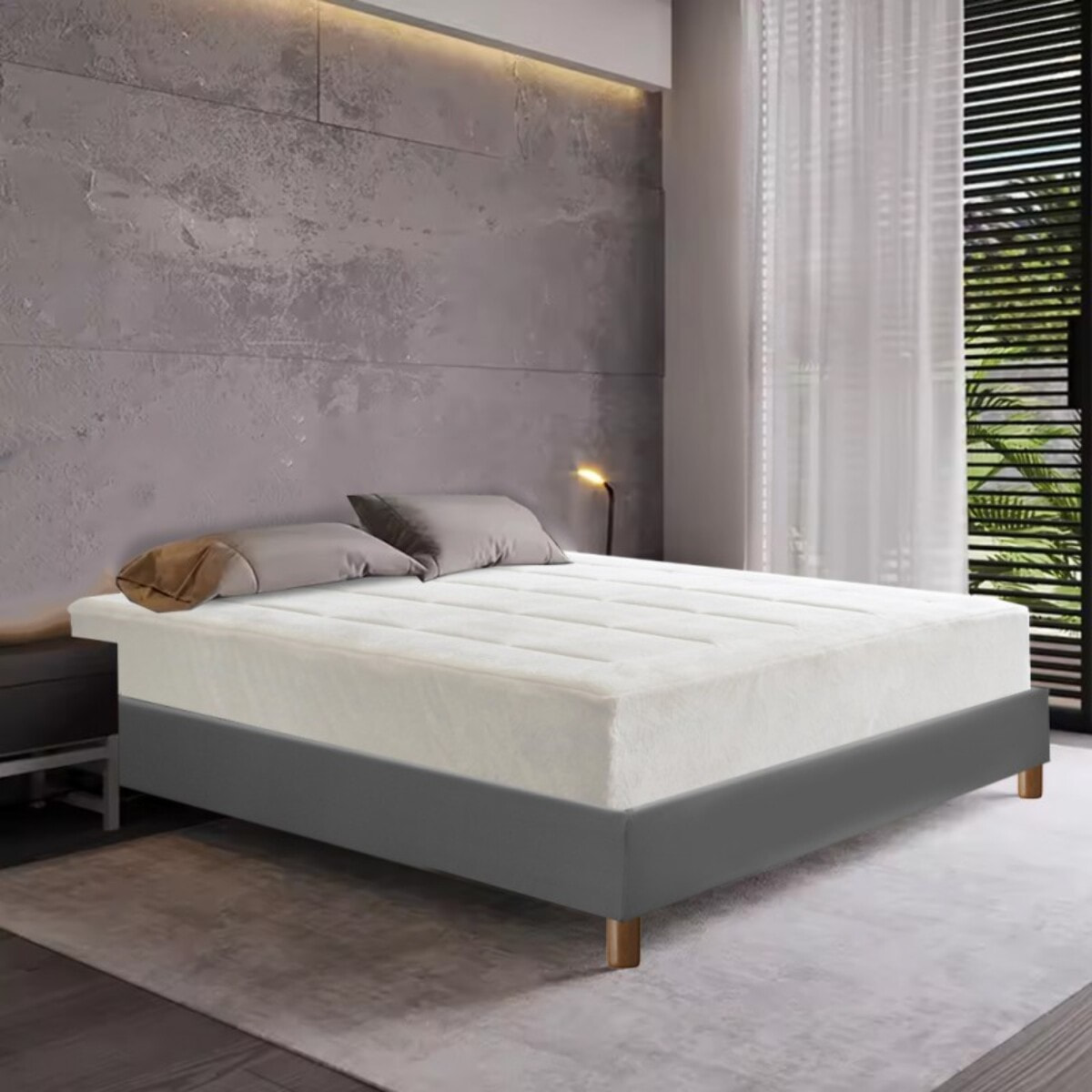 Ensemble Matelas Pure & Sommier Déco | Gel, mémoire de forme et mousse HD+ | Cadre à lattes | Simili cuir | Gris