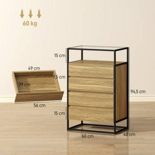Cómoda 4 Cajones, Cómoda Dormitorio con Superficie de Vidrio Templado, Estante Abierto, Estructura de Acero, Cajonera para Salón, Oficina, 60x40x94,5 cm, Teca