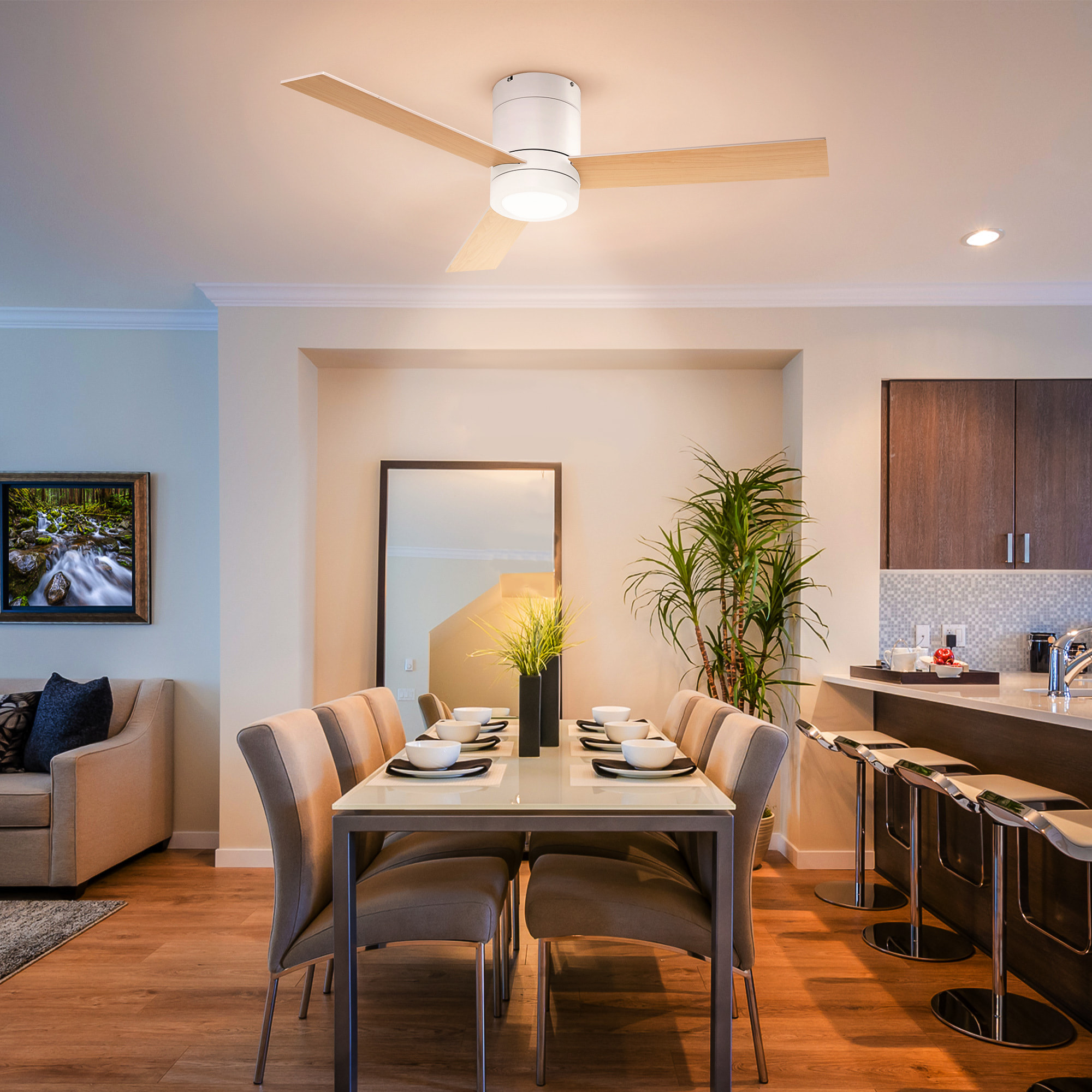 Ventilador de Techo con Luz LED Motor AC 48W Mando a Distancia 112 de Diámetro 3 Velocidades Temporizador 3 Aspas de Madera Silencioso para Dormitorio Salón Comedor 112x112x25 cm Blanco