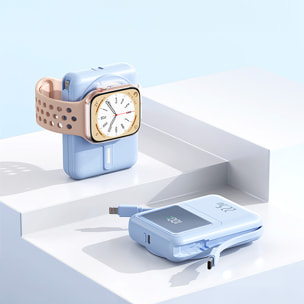 Powerbank 10.000mAh con carica rapida PD22,5W e carica wireless di 15W. Cavi USB-C e Lightning integrati. Schermo LED di carica.