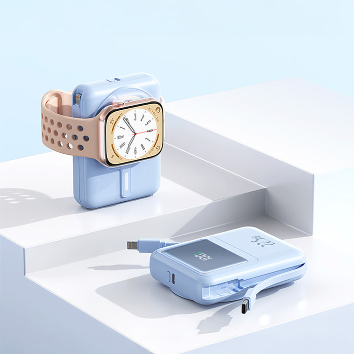 Powerbank 10.000mAh con carica rapida PD22,5W e carica wireless di 15W. Cavi USB-C e Lightning integrati. Schermo LED di carica.