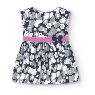 Vestido niña, satén estampado, flores, azul marino