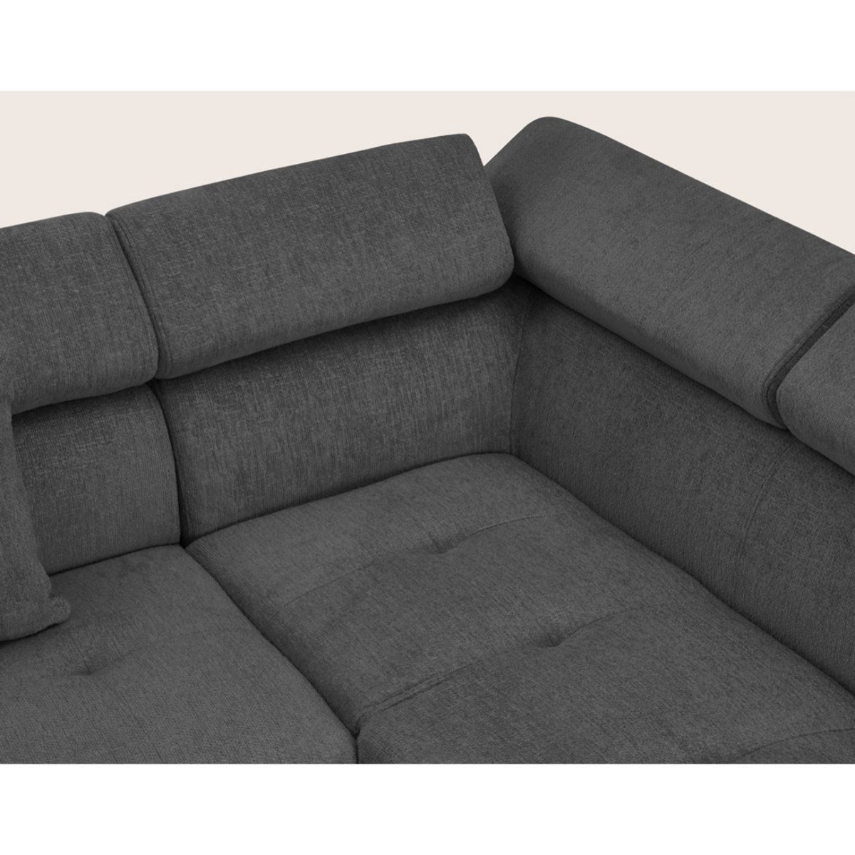Margaux - Canapé d'angle droit 5 places convertible avec coffre et têtières réglables en velours texturé - Gris