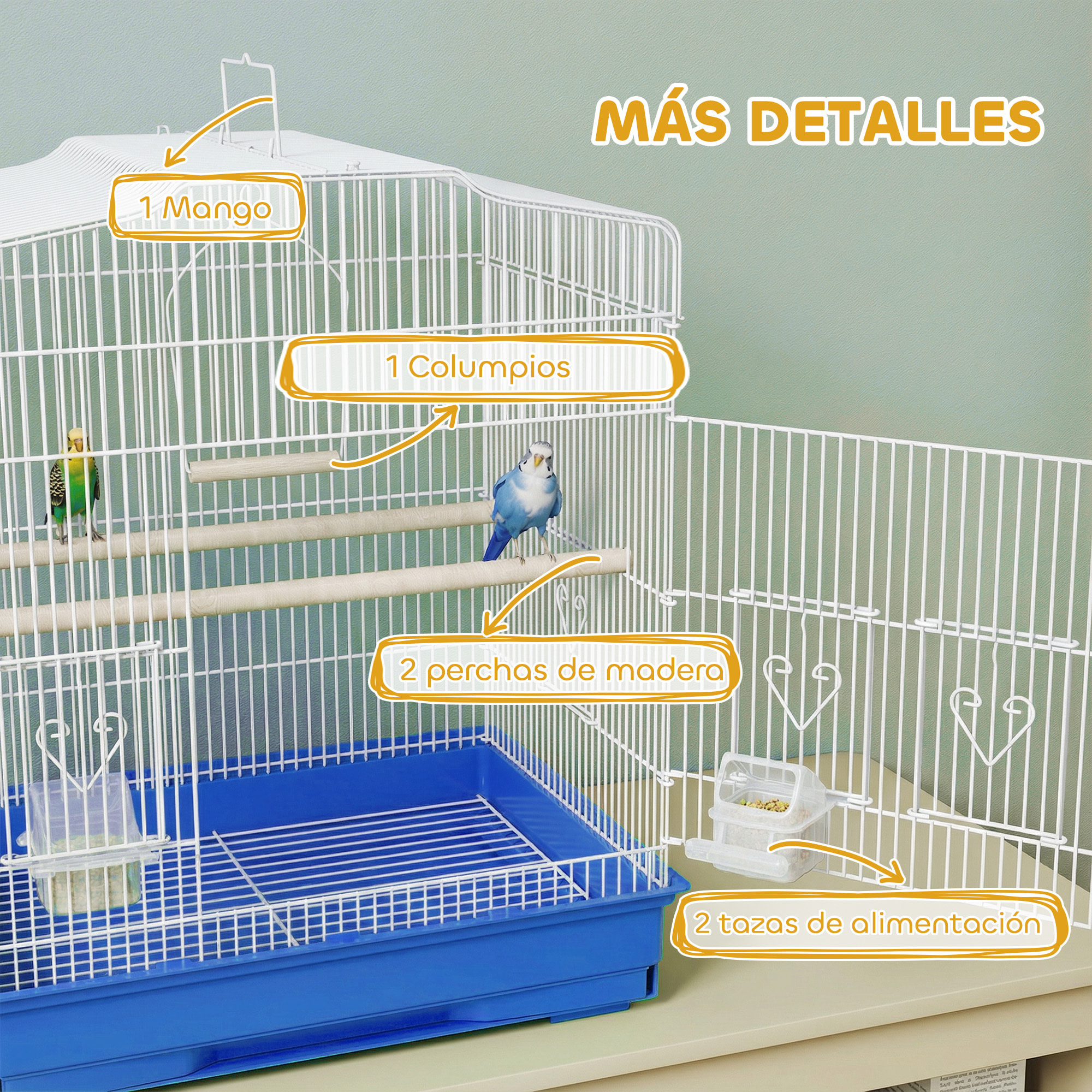 Jaula para Pájaros, Jaula de Acero para Pájaros con Puertas, 2 Comederos, 2 Perchas, Columpio, Bandeja Extraíble y Asa de Transporte, para Loro, Canario, Periquito, 46,5x36x59 cm, Azul