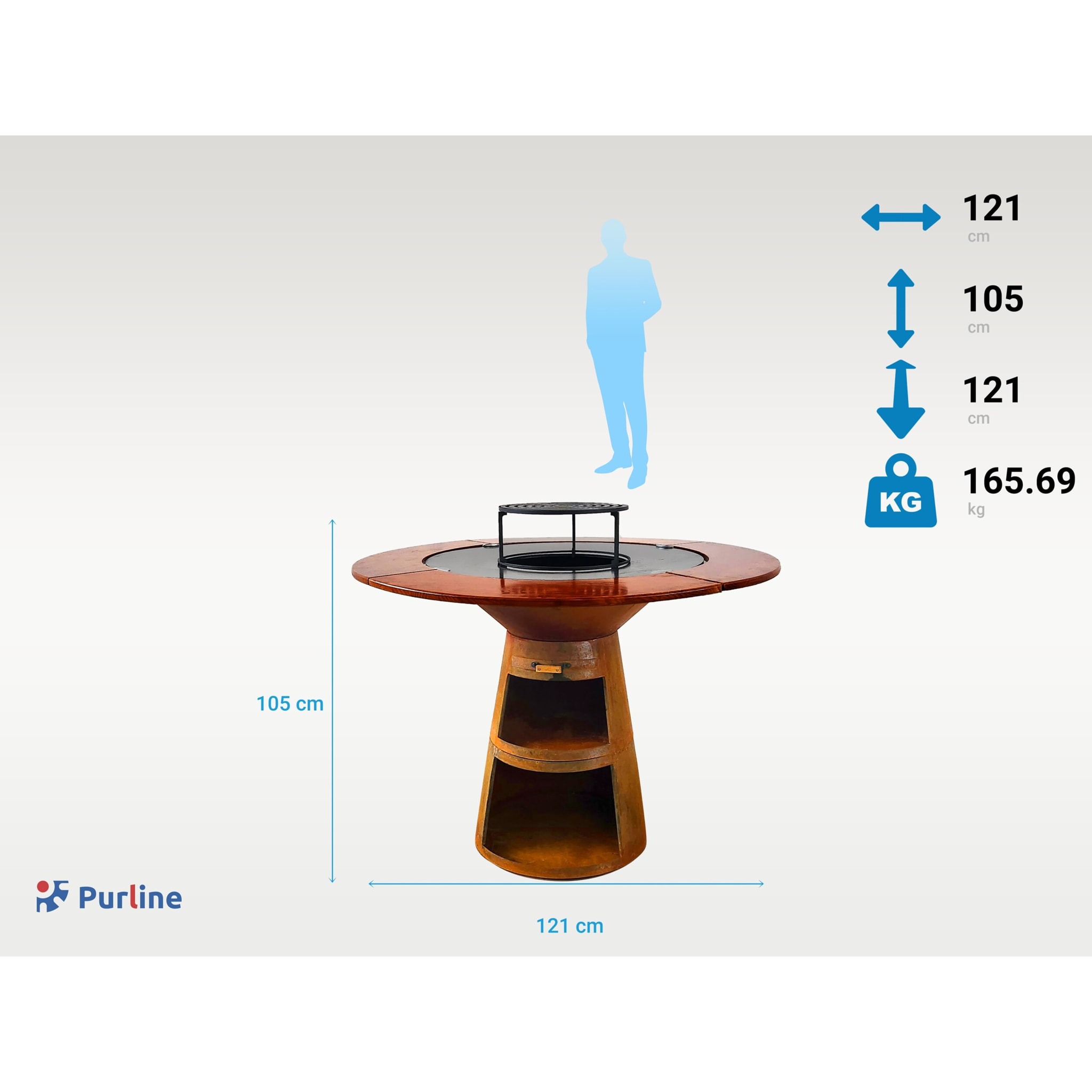 Barbecue rond avec plaque de cuisson et de gril en acier et planche en bois