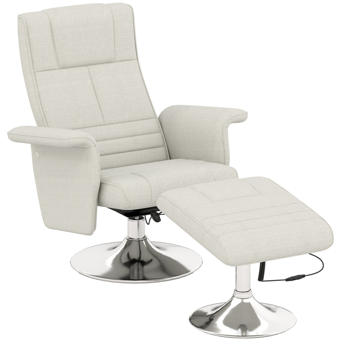 Fauteuil relax massant inclinable réglable avec repose-pied piètement acier chromé tissu grège clair