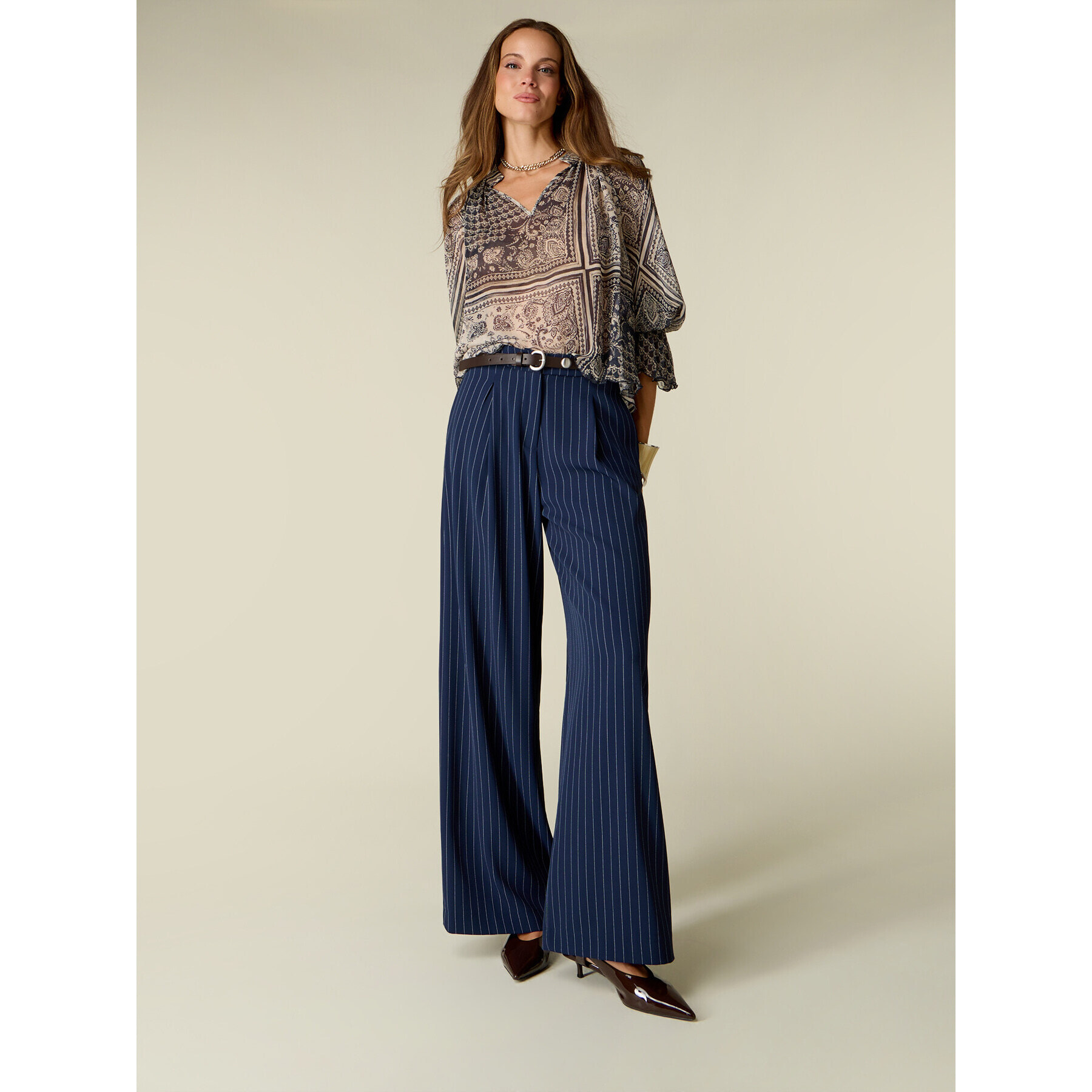 Oltre - Pantaloni palazzo gessati - Blu