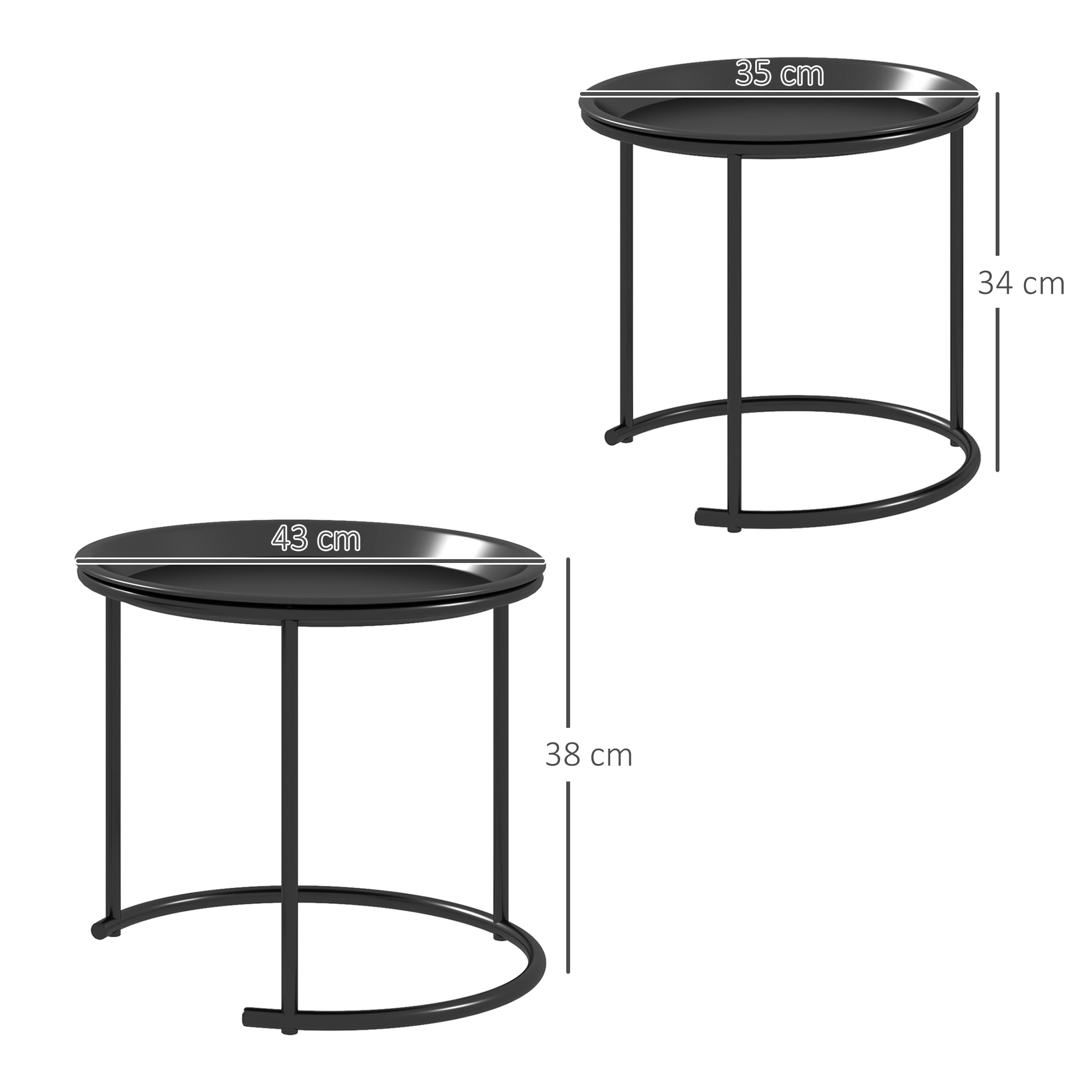 Lot de 2 tables basses gigognes rondes design contemporain encastrable plateaux amovibles acier noir