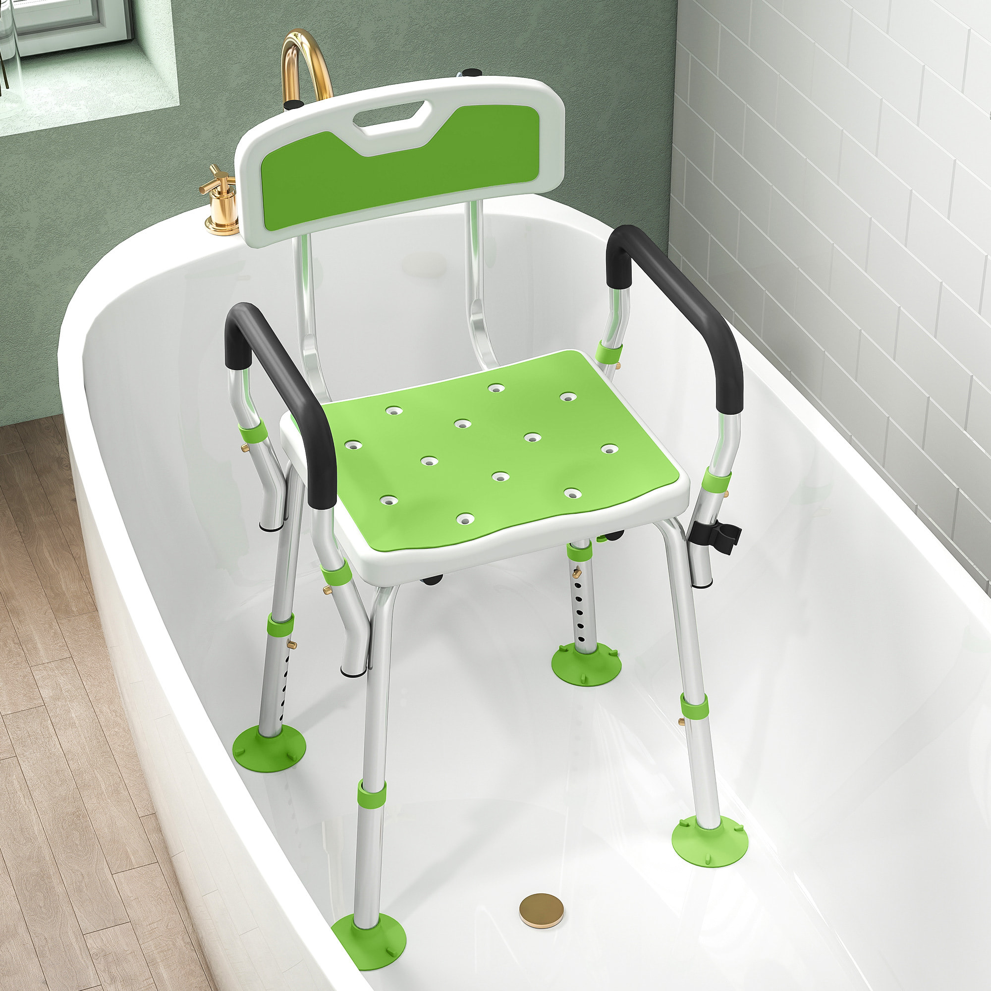 Chaise de douche siège de douche ergonomique hauteur réglable pieds antidérapants charge max. 136 Kg alu HDPE blanc vert