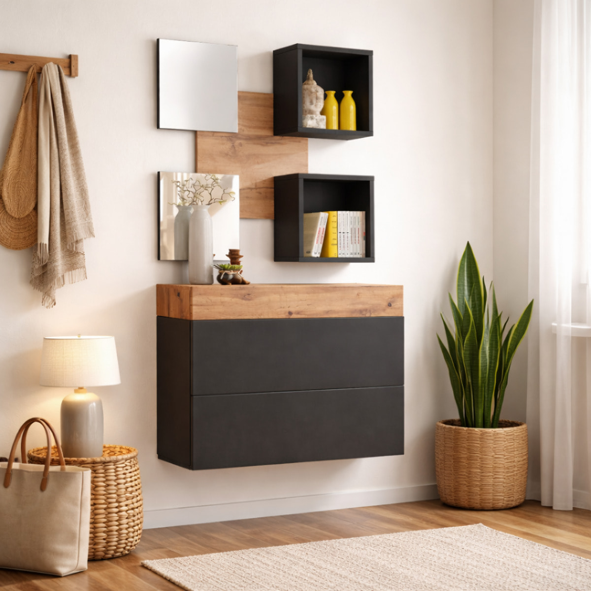 Mobile Ingresso Moderno Con 2 Specchi Vani A Giorno E Base Con Ante E Cassetto Design Elegante Salvaspazio 100 x 170 x 30 Cm Nero E Rovere