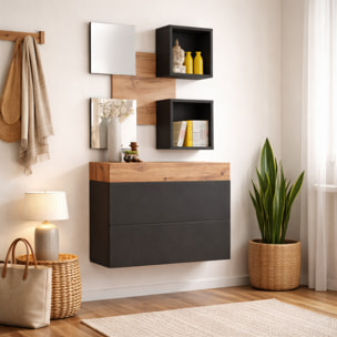 Mobile Ingresso Moderno Con 2 Specchi Vani A Giorno E Base Con Ante E Cassetto Design Elegante Salvaspazio 100 x 170 x 30 Cm Nero E Rovere