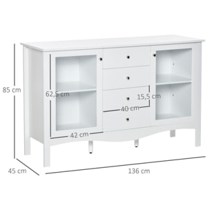 Aparador de Cocina Armario Buffet con 2 Puertas de Vidrio Estante Ajustable Interior y 4 Cajones Mueble Auxiliar para Comedor Salón 136x45x85 cm Blanco