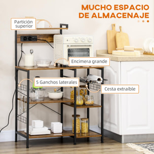 Estante de Cocina Industrial con Cargadores USB Estantería para Microondas con Toma de Corriente Estante Ajustable 5 Ganchos en S y Cesta Extraíble 90x42x130 cm Marrón Rústico