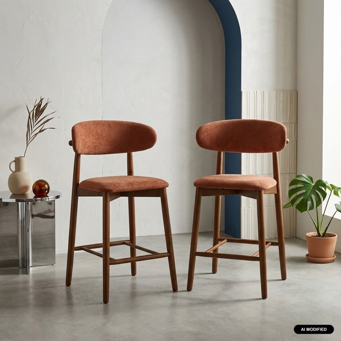 Tabouret de bar bois d'hévéa noyer et tissu chenille (lot de 2)  PAOLA
