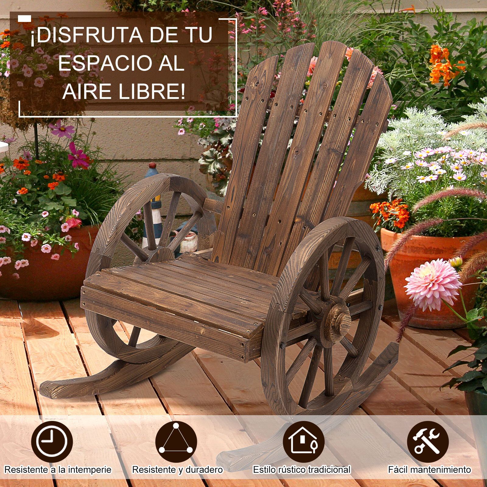 Mecedora de Madera para Terraza Sillón Balancín para Exteriores 88x68x97cm
