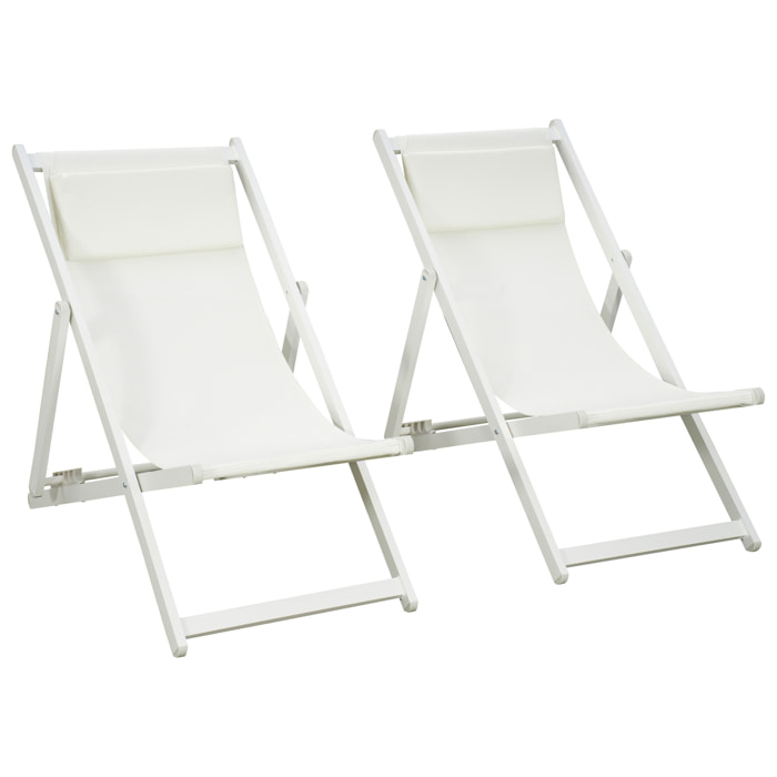 Conjunto de 2 Tumbonas Plegables de Aluminio Tumbonas de Jardín con Respaldo Regulable en 5 Posiciones y Reposacabezas para Terraza Patio Exterior 58x96,5x91,5 cm Blanco