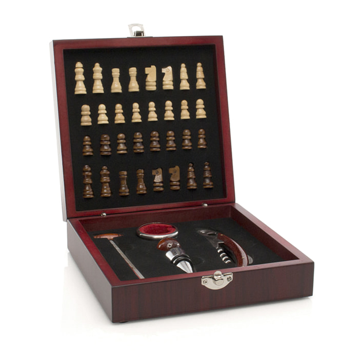 Scacchi, set da vino degli scacchi con pezzi inclusi. Chiusura di sicurezza, accessori in acciaio inox e legno.
