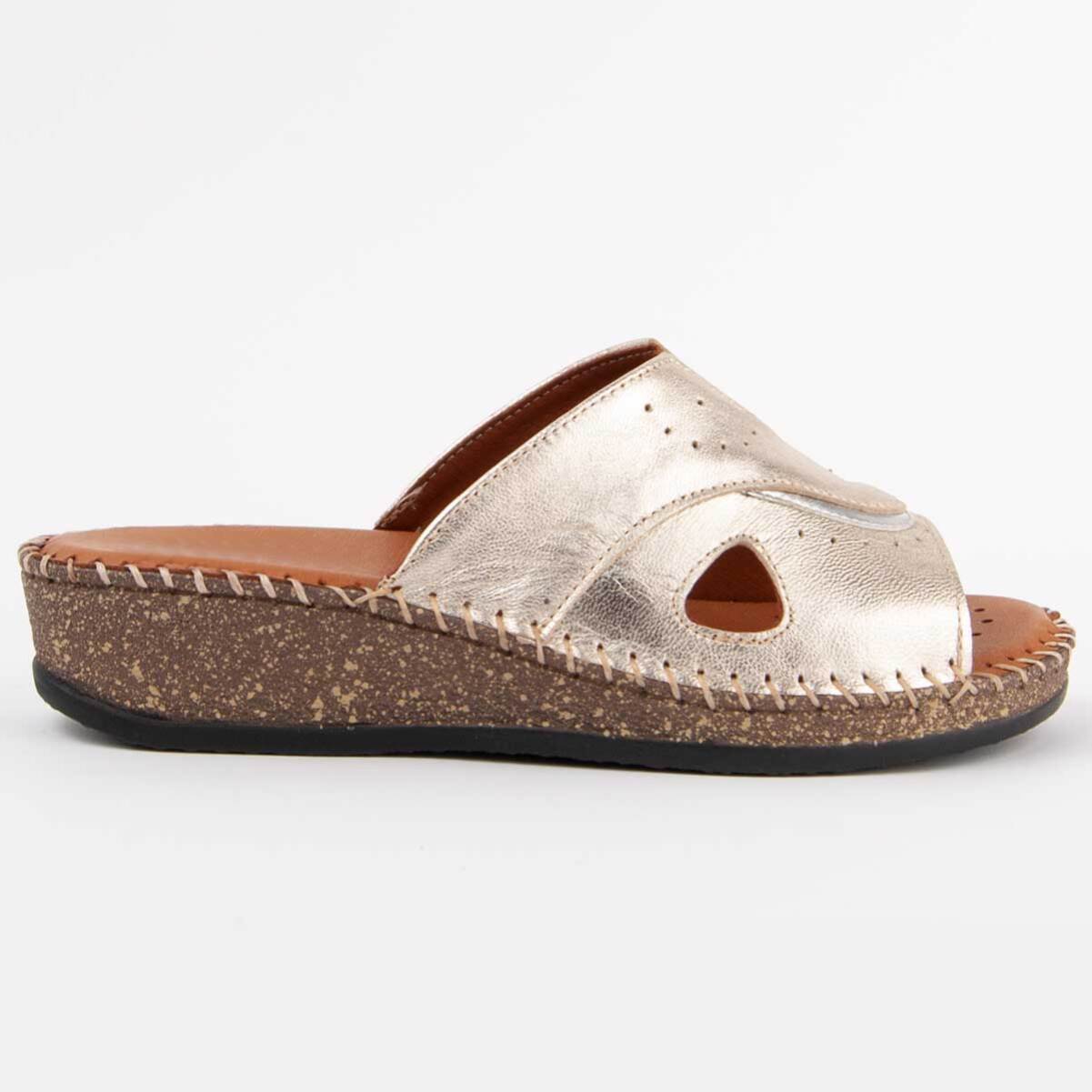 Sandalia De Cuña De Piel - Dorado - Altura: 4 Cm