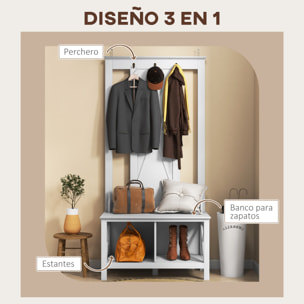 Perchero con Zapatero de Madera Perchero con Banco Incluye 2 Estantes y 3 Ganchos para Colgar Ropas Bolsos para Recibidor Entrada Pasillo 80,5x40x168 cm Blanco