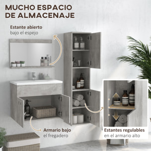 Conjunto de Muebles de Baño de Pared 3 Piezas Incluye Espejo Armario con Lavabo Cerámico y Columna Auxiliar de Baño Estilo Moderno Gris