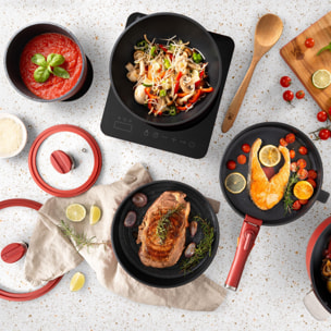 MasterPRO Share & Play Batería de cocina apilable de 10Pcs, Color Rojo, Mango extraíble, Aluminio fundido, Revestimiento cerámico, Control térmico