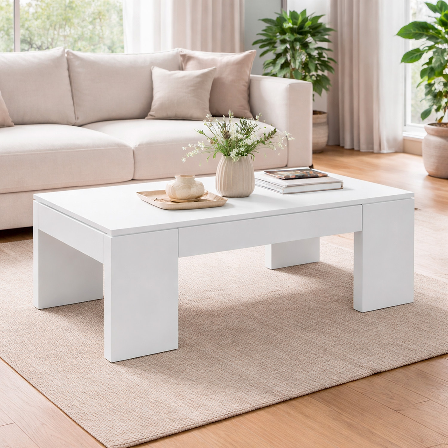 Tavolino Da Caffè Sollevabile Tavolo Da Salotto Rialzabile Salvaspazio Per Mangiare O Lavorare Dal Divano Con Piano Rialzabile 100 x 50 x 42 Cm Bianco