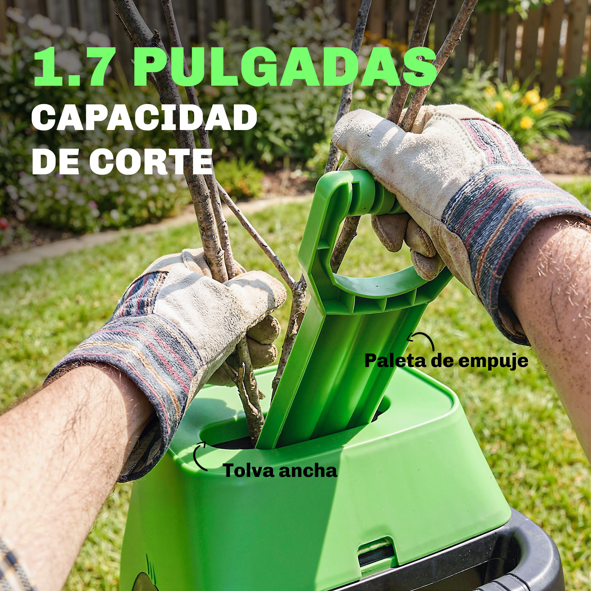 Trituradora de Ramas Eléctrica 2500W, Trituradora de Jardín con 2 Cuchillas Reversibles hasta Ø44 mm de Ramas, Bolsa de Recolección de 45L, Ruedas y Protección de Sobrecarga, Verde