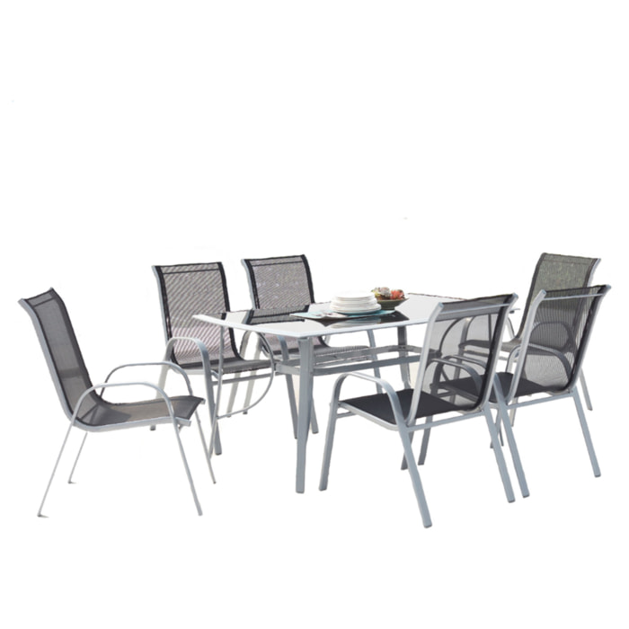 Table de jardin et 6 chaises en aluminium et acier gris BOROA