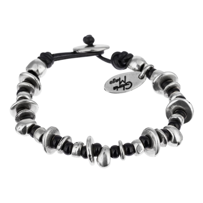 Pulsera cuero negro y plata chapado- cristales negros