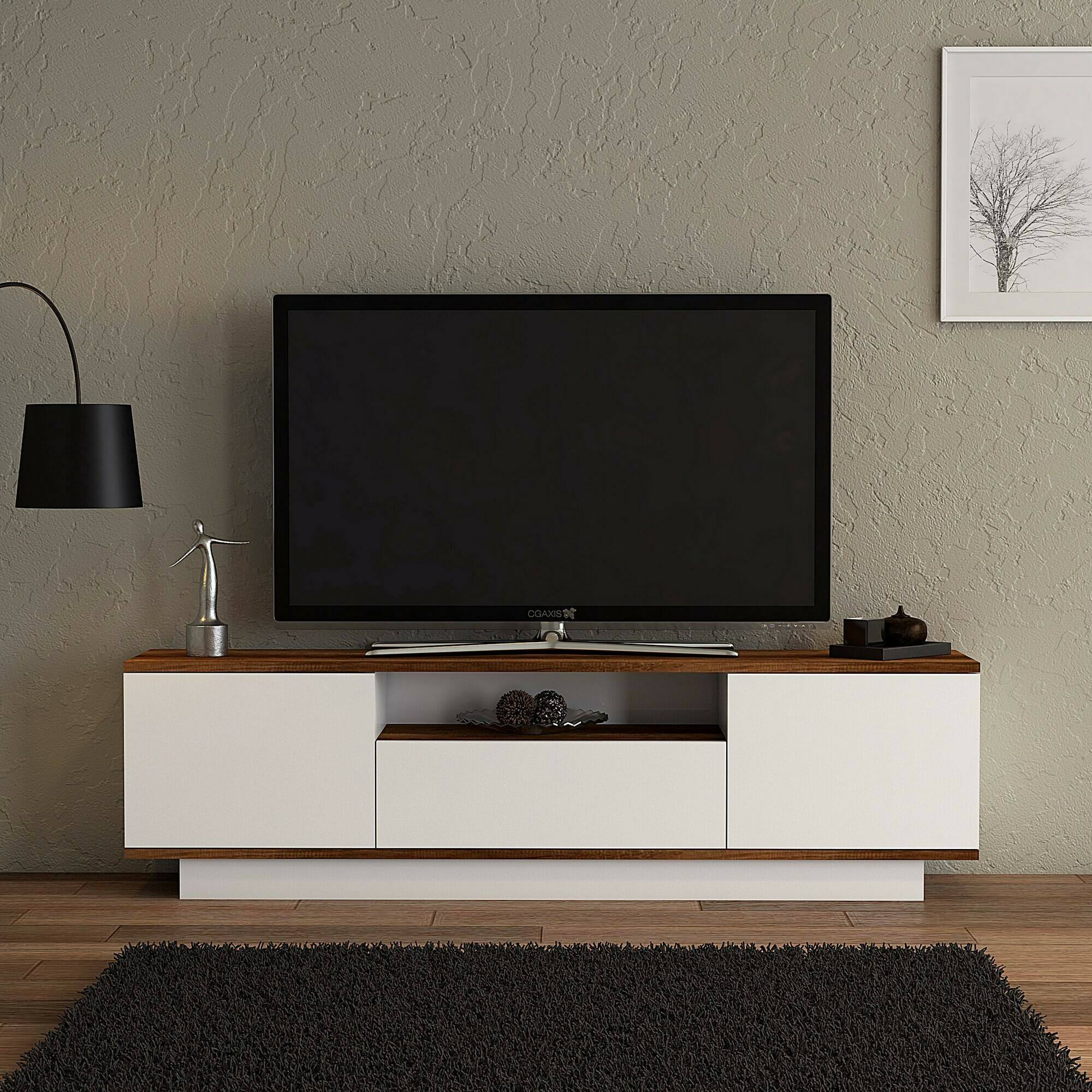 Mobile porta TV Dprat, Credenza da soggiorno, Armadio basso per TV, Base parete attrezzata, 160x30h45 cm, Noce e Bianco