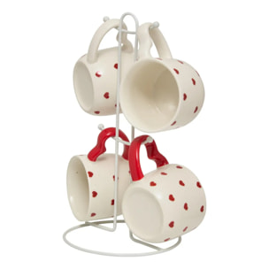 Coffret 4 mugs sur rack Valentine motif à coeurs