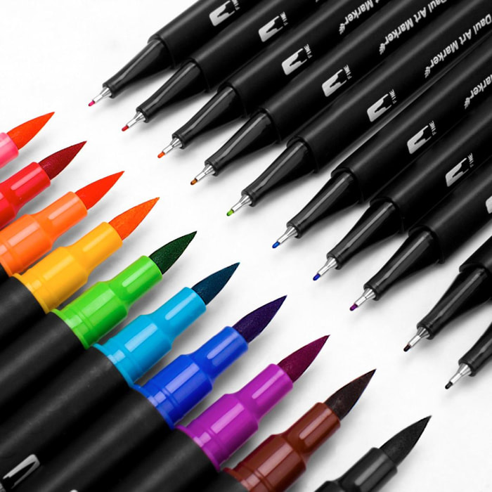 Set di 48 pennarelli BLACK LINE a doppia punta, punta fine 0,4 mm e punta pennello acquerello professionale. Forma tonda ergonomica per scritte, calligrafia, illustrazioni...