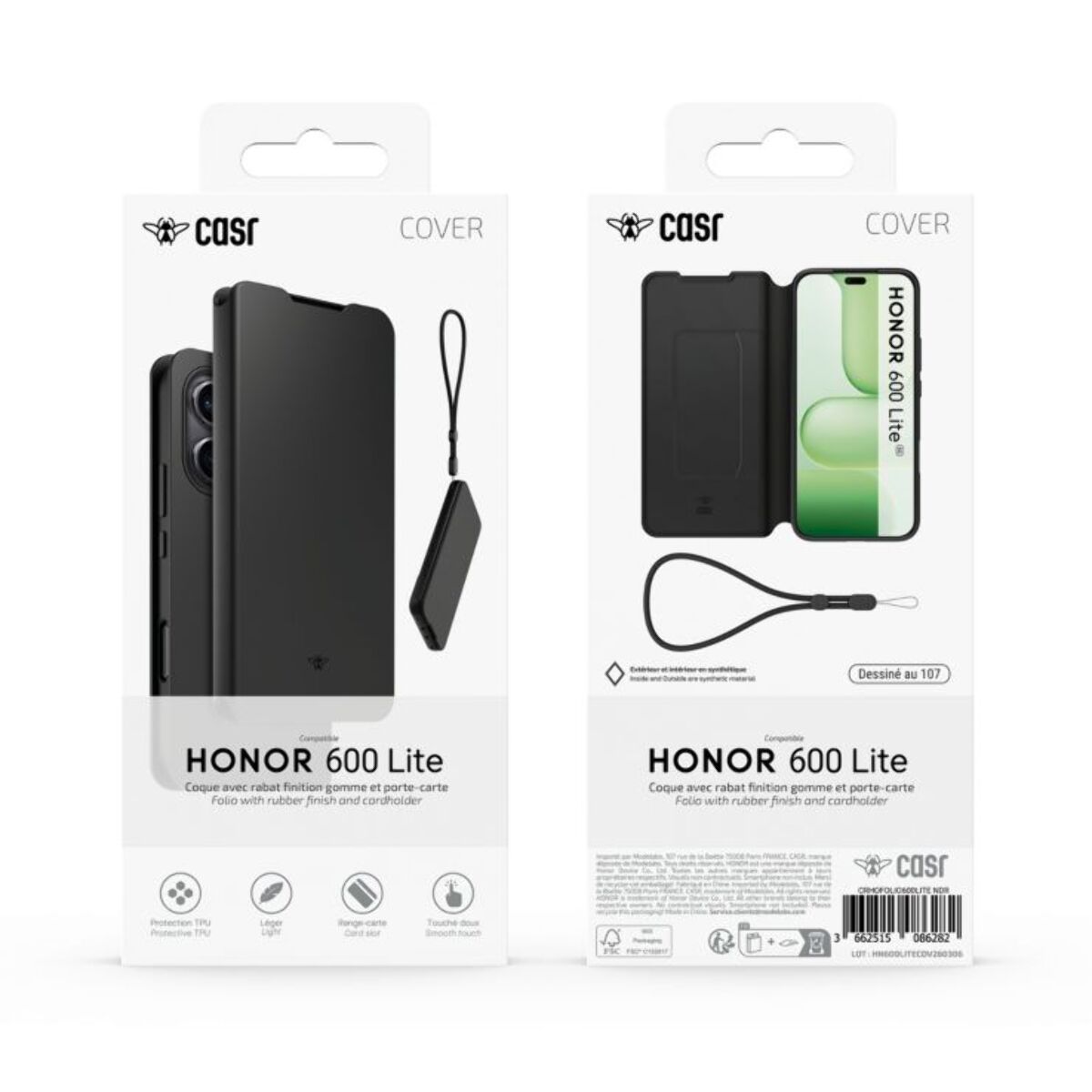 Etui avec cordon CASR HONOR 600 Lite Folio Noir + Dragonne